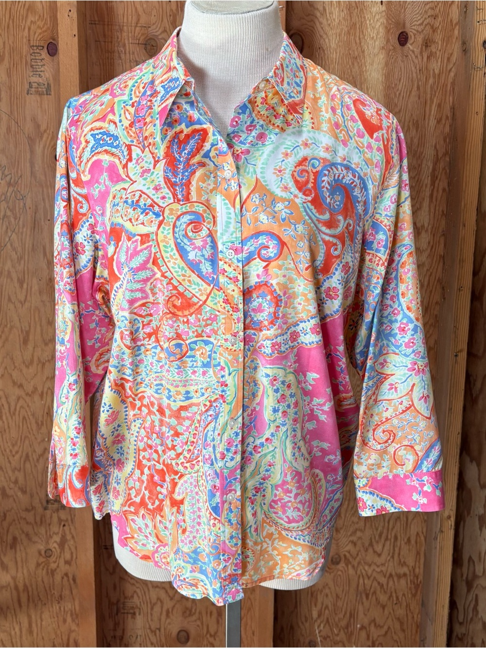 Lauren Ralph Lauren Bright Paisley Button-Down Shirt 100% Cotton Size XL